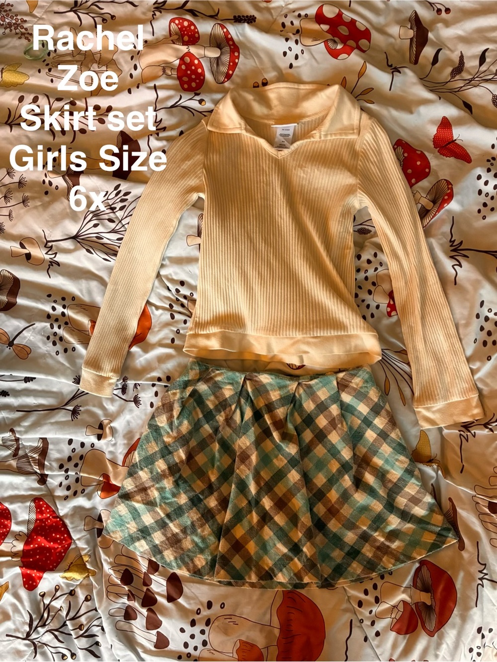 Rachel Zoe Cream Ribbed Top with Green Plaid Skirt Set